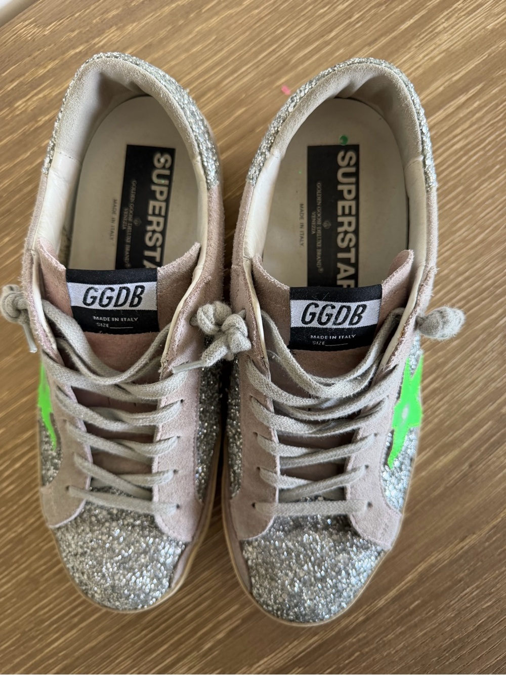 Golden Goose Silver Glitter Sneakers with Neon Green Star - Picture 2 of 6